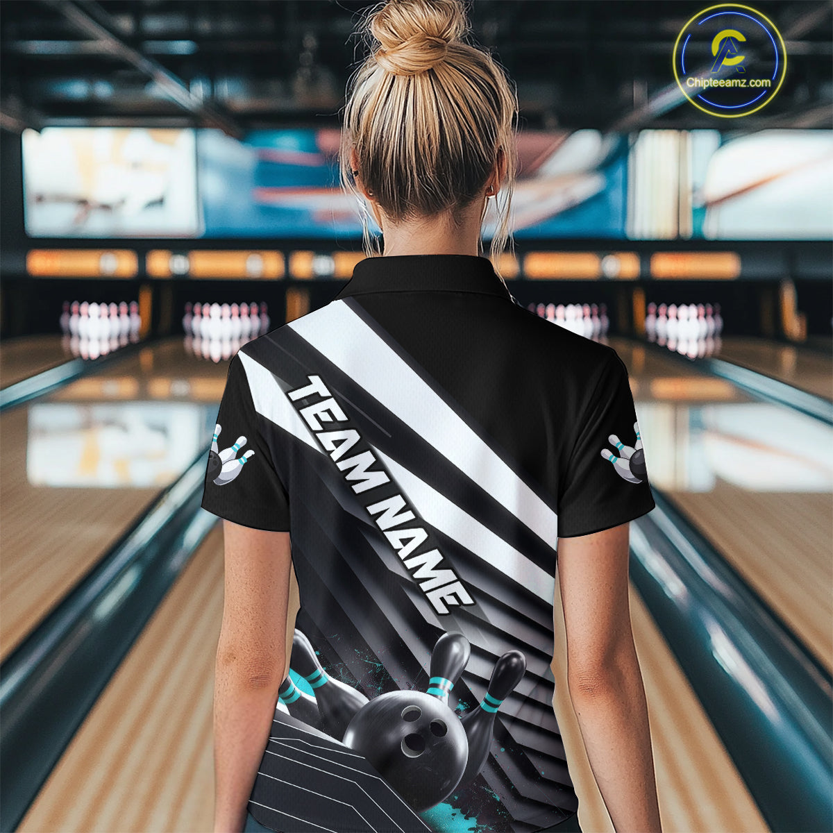 Custom Black And Blue Strike Bowling Quarter-Zip Shirts For Women, Bowling Team Uniform IPHW9628