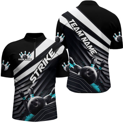 Custom Black And Blue Strike Bowling Quarter-Zip Shirts For Men, Bowling Team Uniform IPHW9628