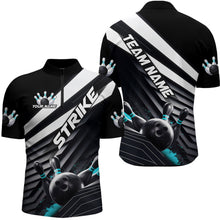 Load image into Gallery viewer, Custom Black And Blue Strike Bowling Quarter-Zip Shirts For Men, Bowling Team Uniform IPHW9628