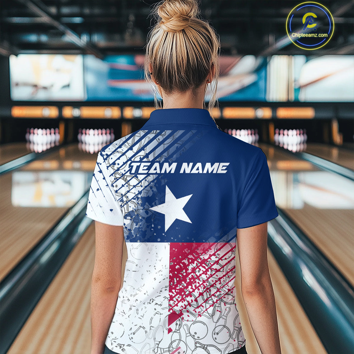 Custom Grunge Texas Flag Bowling Team Women Polo Shirt, Texas Bowling Tournament Shirt IPHW9633