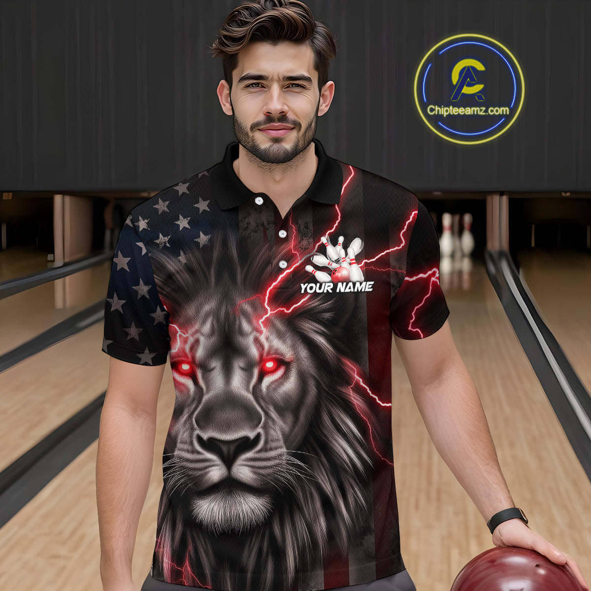 Custom Red Thunder Lightning Patriotic Lion Polo Shirts For Men, US Flag Bowling Jerseys IPHW9319