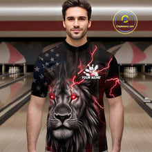 Load image into Gallery viewer, Custom Red Thunder Lightning Patriotic Lion Quarter-Zip Shirts For Men, US Flag Bowling Jerseys IPHW9319