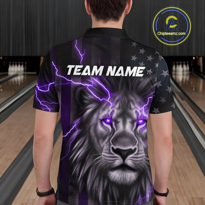 Custom Purple Thunder Lightning Patriotic Lion Polo Shirts For Men, US Flag Bowling Jerseys IPHW9321
