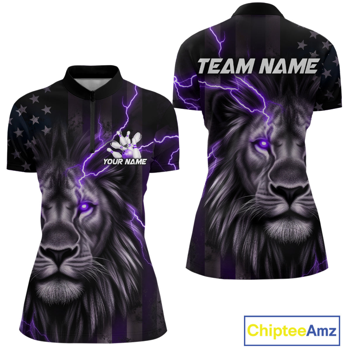 Custom Purple Thunder Lightning Patriotic Lion Women Quarter-Zip Shirt, US Bowling Jersey IPHW9321