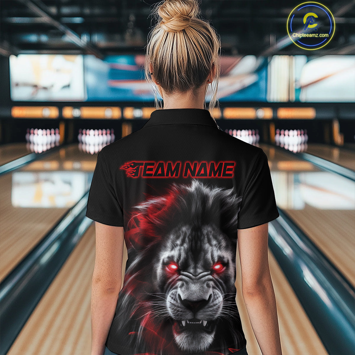 Custom Black And Red Lion Bowling Polo Team Shirts For Women, Lion Bowling Jerseys IPHW9328
