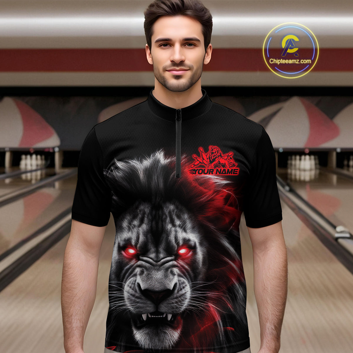 Custom Black And Red Lion Bowling Quarter-Zip Team Shirts For Men, Lion Bowling Jerseys IPHW9328