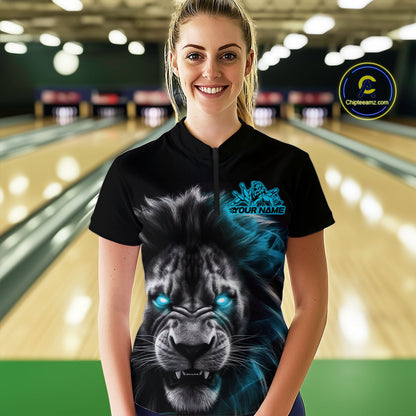 Custom Black And Blue Lion Bowling Quarter-Zip Team Shirt For Women, Lion Bowling Jersey IPHW9329