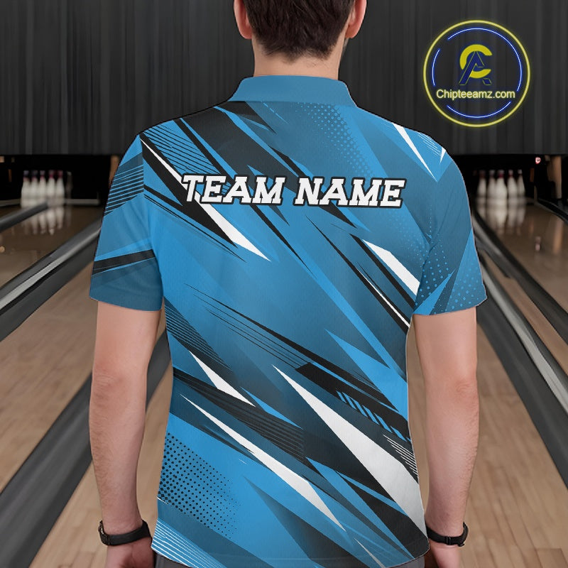 Person wearing a blue bowling shirt with 'TEAM NAME' text in a bowling alley.