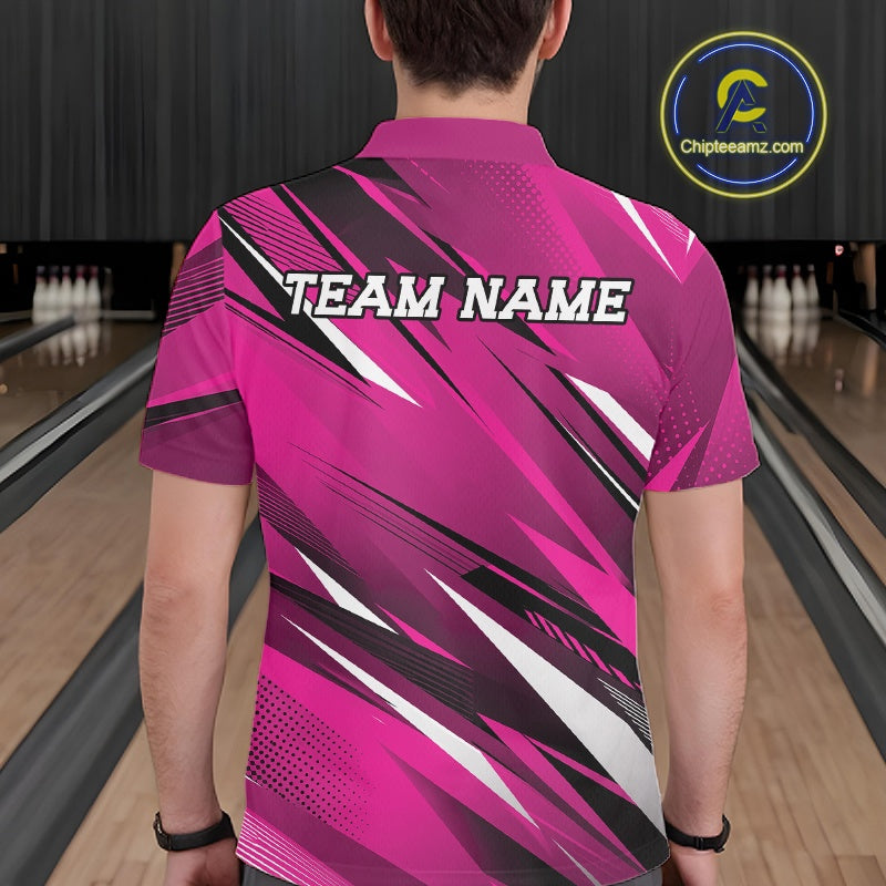 Person wearing a pink bowling shirt with 'TEAM NAME' text in a bowling alley.