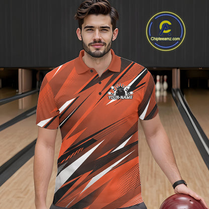 Man wearing a custom bowling shirt with a bowling alley in the background
