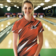Load image into Gallery viewer, Woman wearing a custom bowling shirt with a logo and text in a bowling alley.