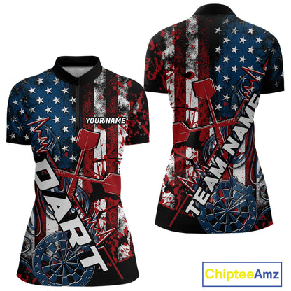 Custom Vintage Patriotic Dart Team Women Quarter-Zip Shirts, US Flag Dart Jerseys IPHW9648