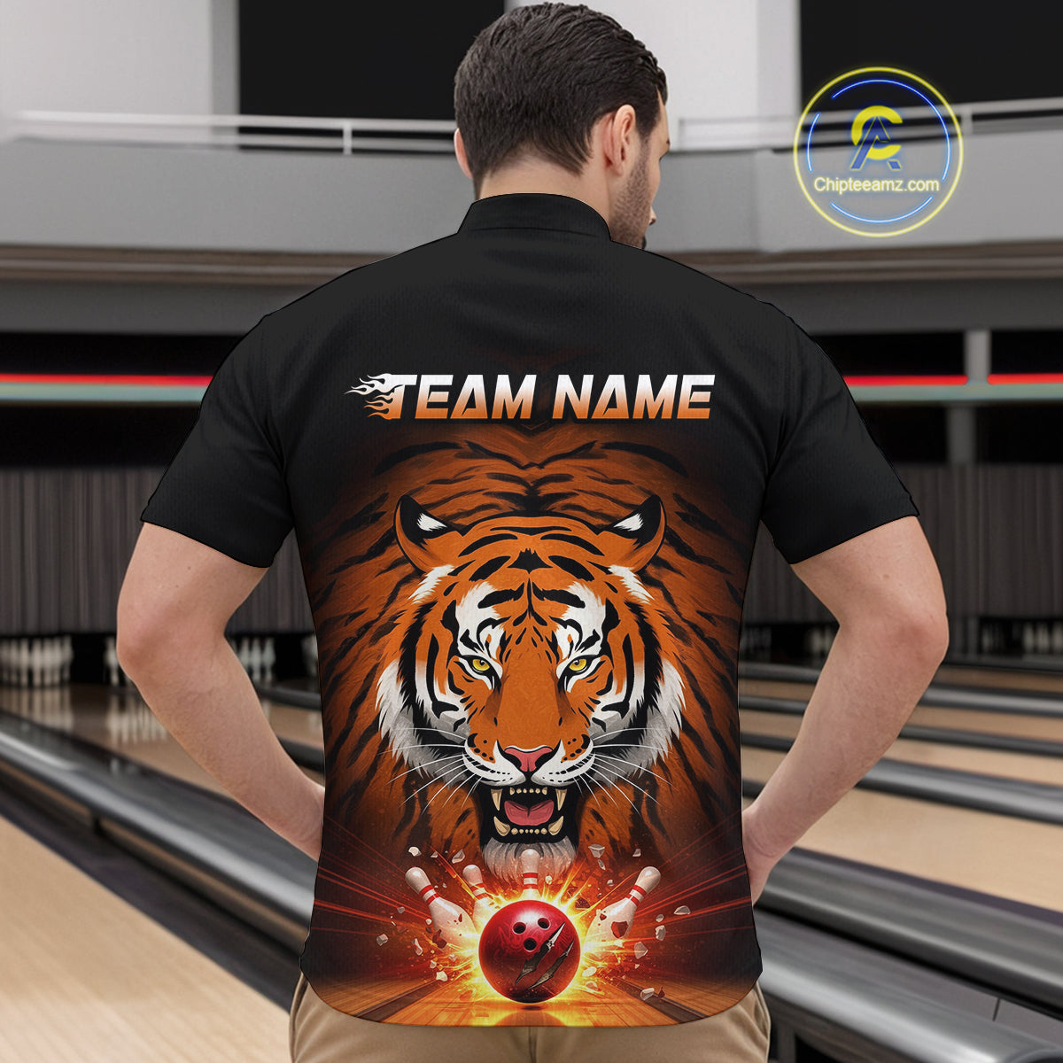 Custom Team Name Tiger Print Bowling Quarter-Zip Shirts For Men, Bowling Team Tournament Outfit IPHW9092