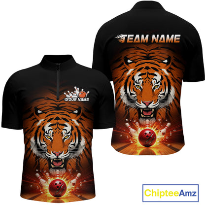 Custom Team Name Tiger Print Bowling Quarter-Zip Shirts For Men, Bowling Team Tournament Outfit IPHW9092