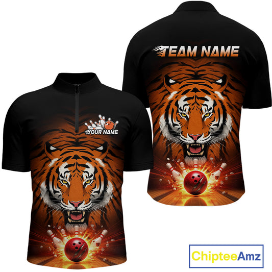 Custom Team Name Tiger Print Bowling Quarter-Zip Shirts For Men, Bowling Team Tournament Outfit IPHW9092