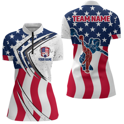 American Flag Custom Bowling Team Polo Shirts For Women, Patriotic Bowling Jerseys IPHW5215