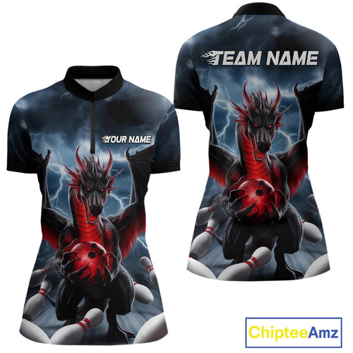 Custom Red Dragon Bowling Women Quarter-Zip Shirts, Dragon Bowling Team Tournament Outfit IPHW9106