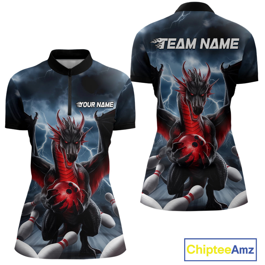 Custom Red Dragon Bowling Women Quarter-Zip Shirts, Dragon Bowling Team Tournament Outfit IPHW9106