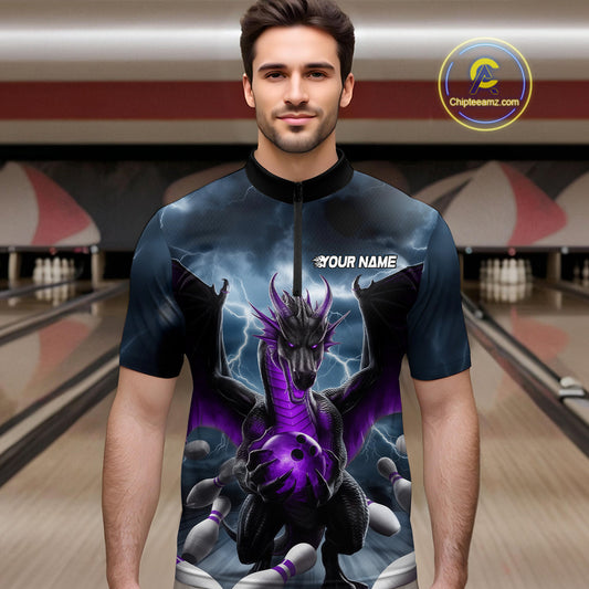 Custom Purple Dragon Bowling Men Quarter-Zip Shirts, Dragon Bowling Team Tournament Outfit IPHW9107