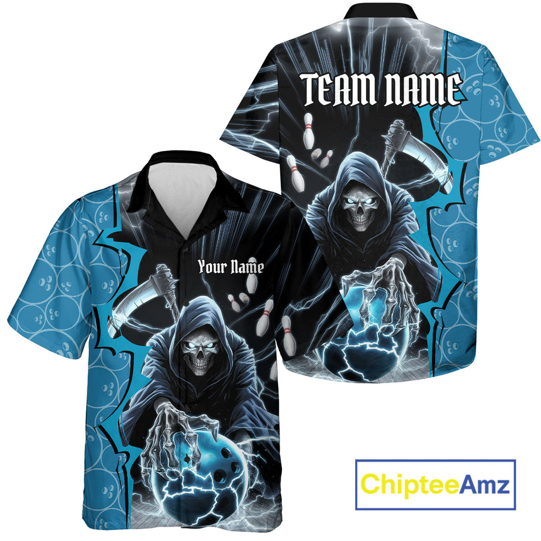 Custom Blue Thunder Lightning Grim Reaper Bowling Men And Women Hawaiian Shirt, Halloween Bowler Outfit IPHW9839