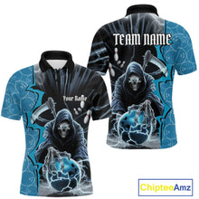 Load image into Gallery viewer, Custom Blue Thunder Lightning Grim Reaper Bowling Men Polo Shirt, Halloween Bowler Outfit IPHW9839