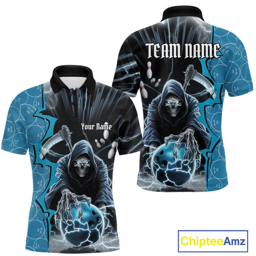 Custom Blue Thunder Lightning Grim Reaper Bowling Men Polo Shirt, Halloween Bowler Outfit IPHW9839