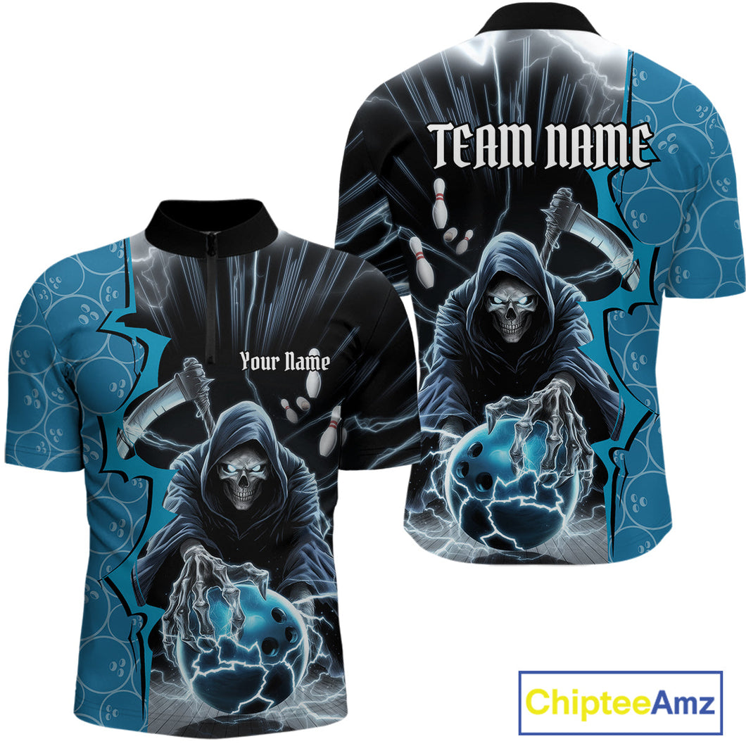 Custom Blue Thunder Lightning Grim Reaper Bowling Men Quarter-Zip Shirt, Halloween Bowler Outfit IPHW9839