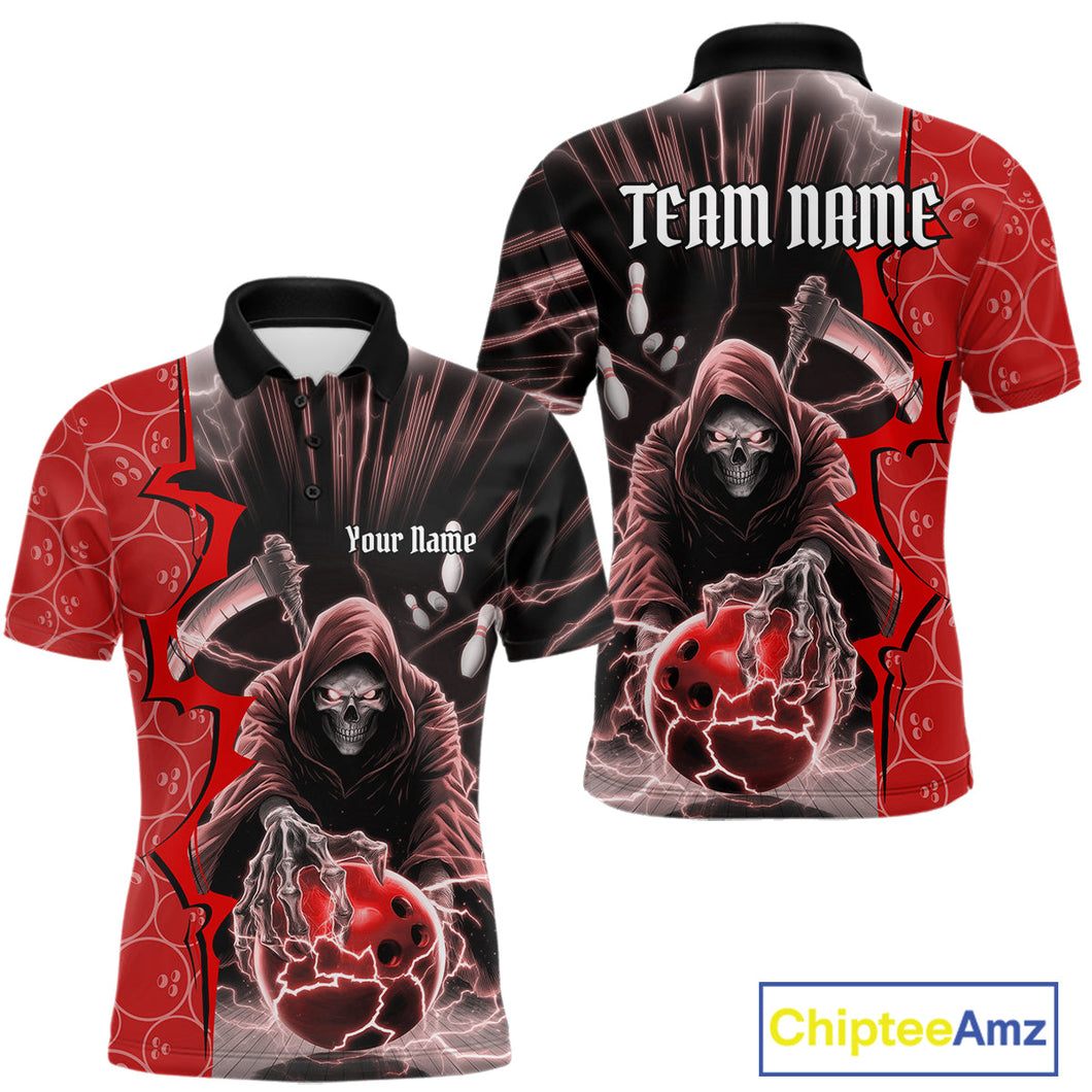 Custom Red Thunder Lightning Grim Reaper Bowling Men Polo Shirt, Halloween Bowler Outfit IPHW9840