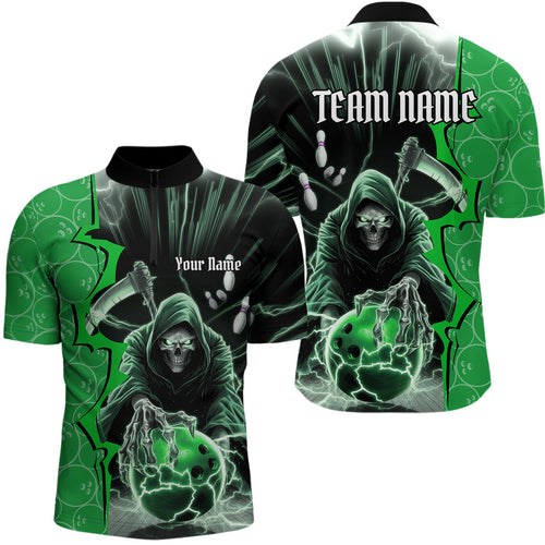 Custom Green Thunder Lightning Grim Reaper Bowling Men Quarter-Zip Shirt, Halloween Bowler Outfit IPHW9841