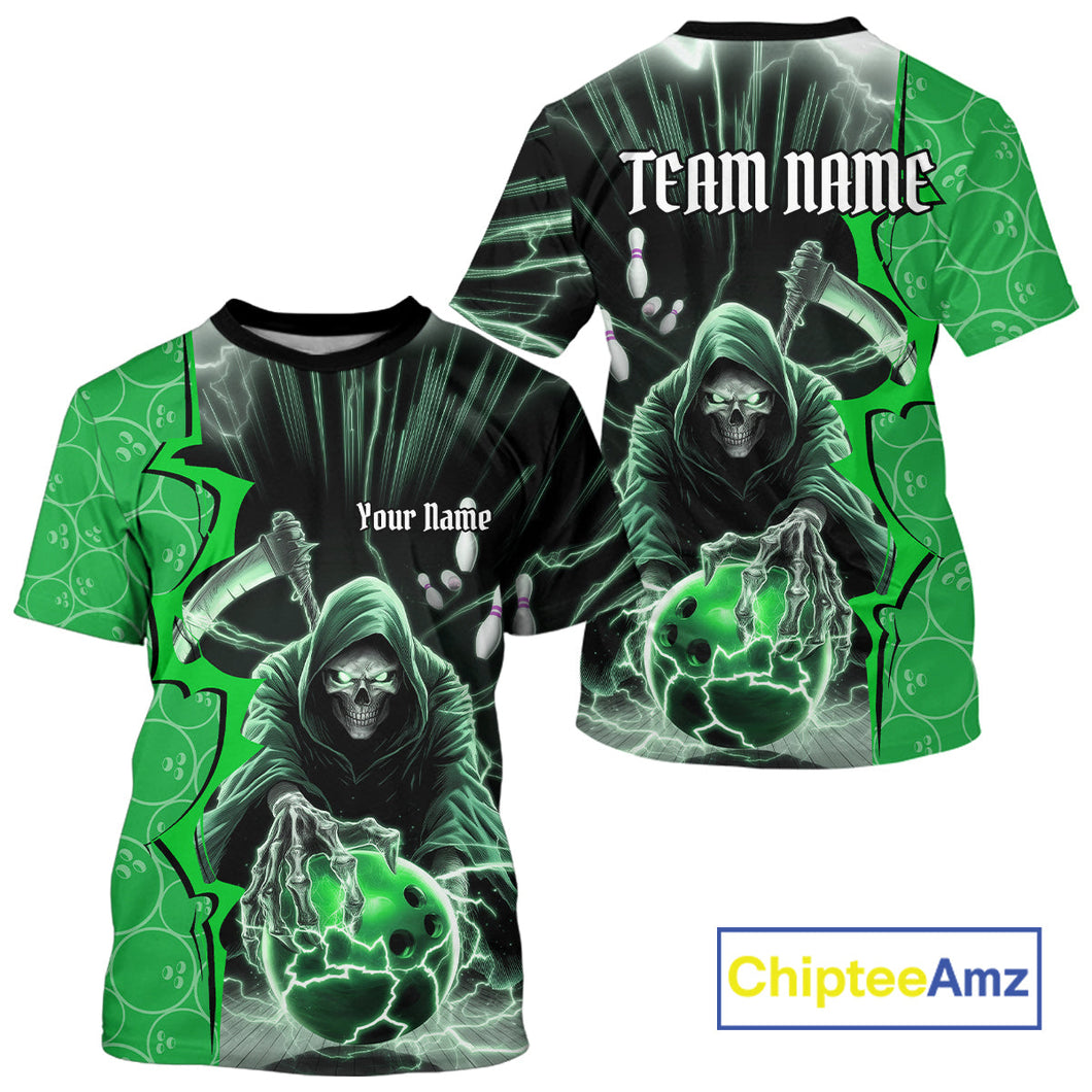 Custom Green Thunder Lightning Grim Reaper Bowling Men T-Shirts Shirt, Halloween Bowler Outfit IPHW9841