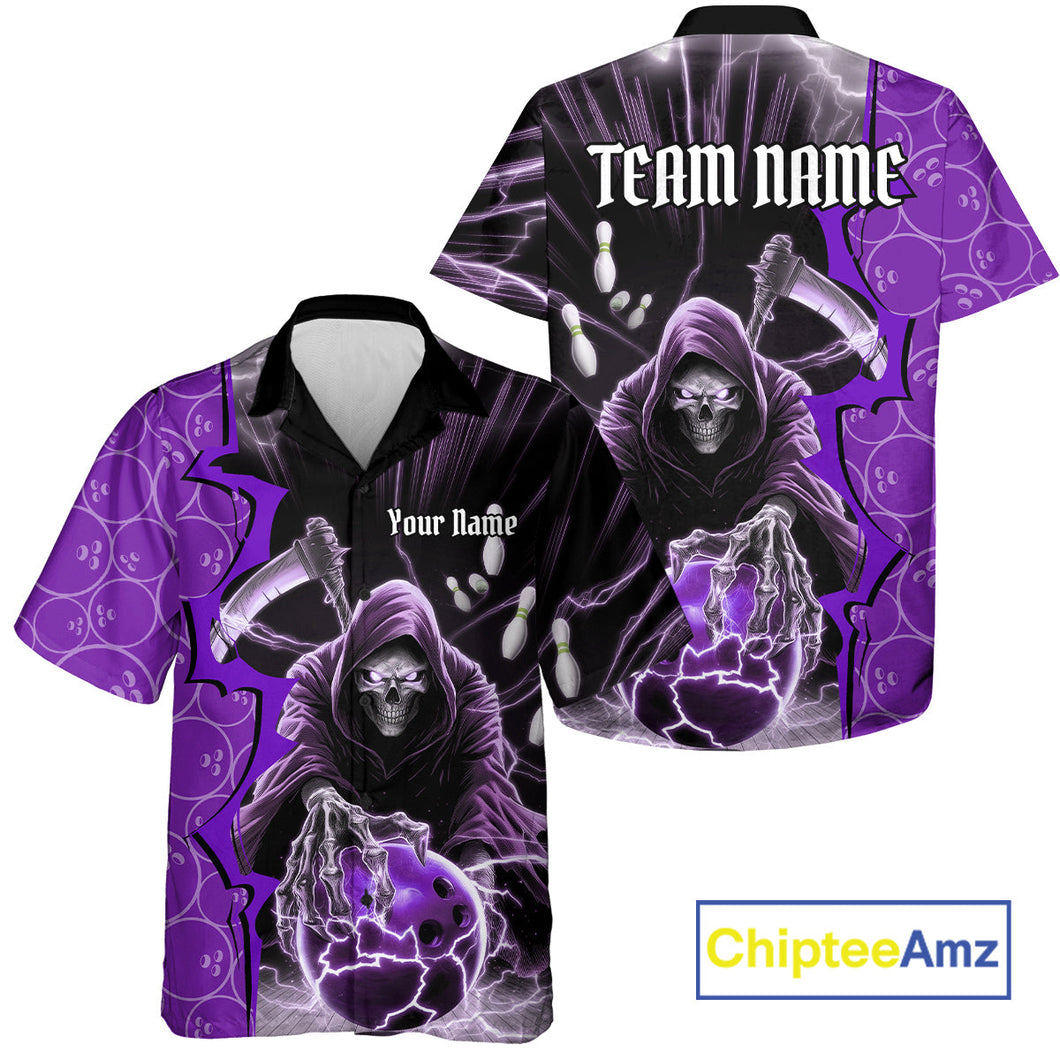 Custom Purple Thunder Lightning Grim Reaper Bowling Men And Women Hawaiian Shirt, Halloween Bowler Outfit IPHW9842