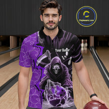 Load image into Gallery viewer, Custom Purple Thunder Lightning Grim Reaper Bowling Men Polo Shirt, Halloween Bowler Outfit IPHW9842