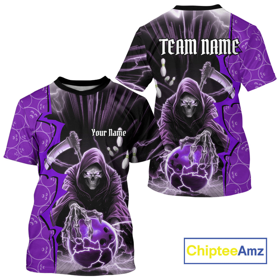 Custom Purple Thunder Lightning Grim Reaper Bowling Men T-Shirts Shirt, Halloween Bowler Outfit IPHW9842