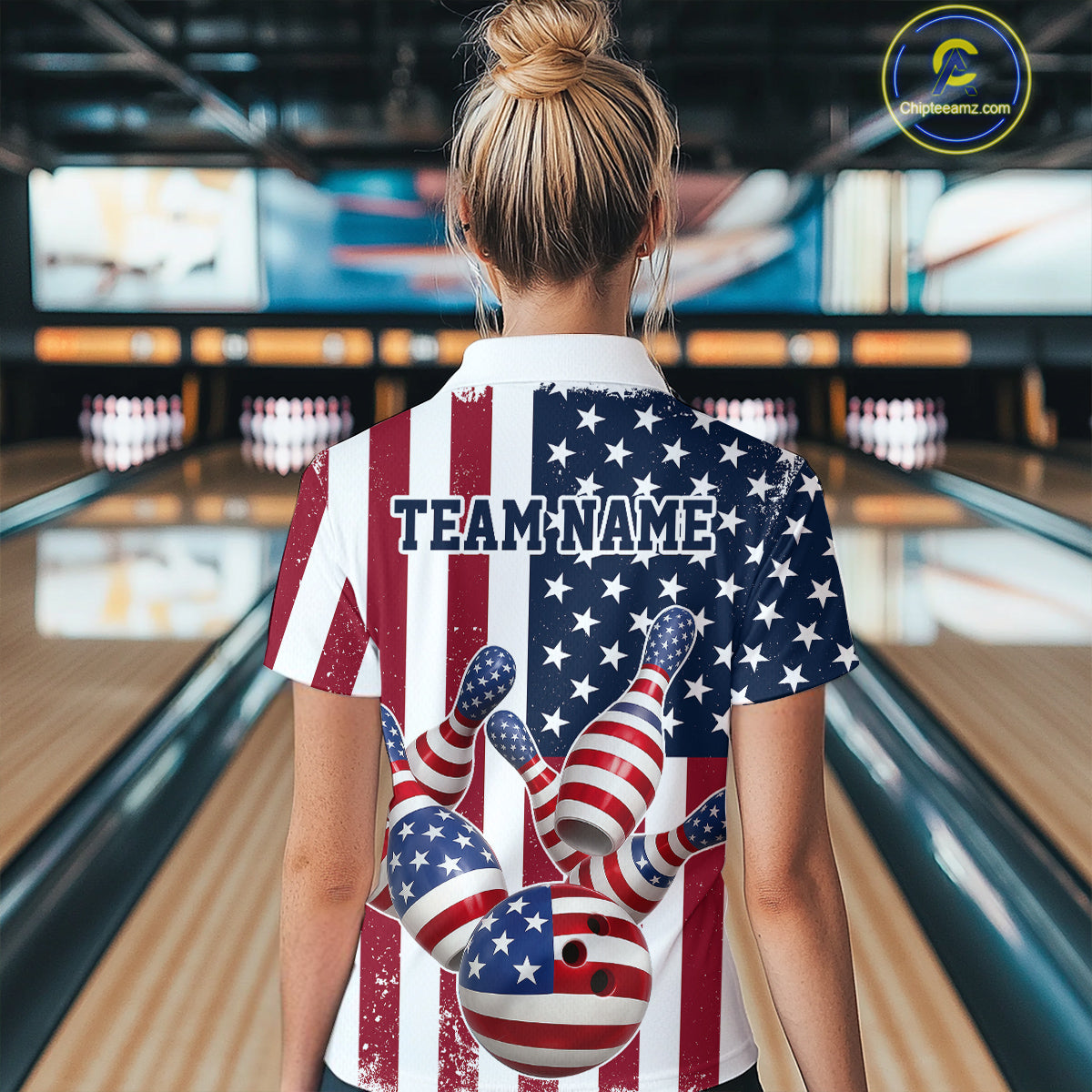 Custom US Flag Bowling Women Polo Shirts, Patriotic Bowling League Shirt Bowling Jersey IPHW9714