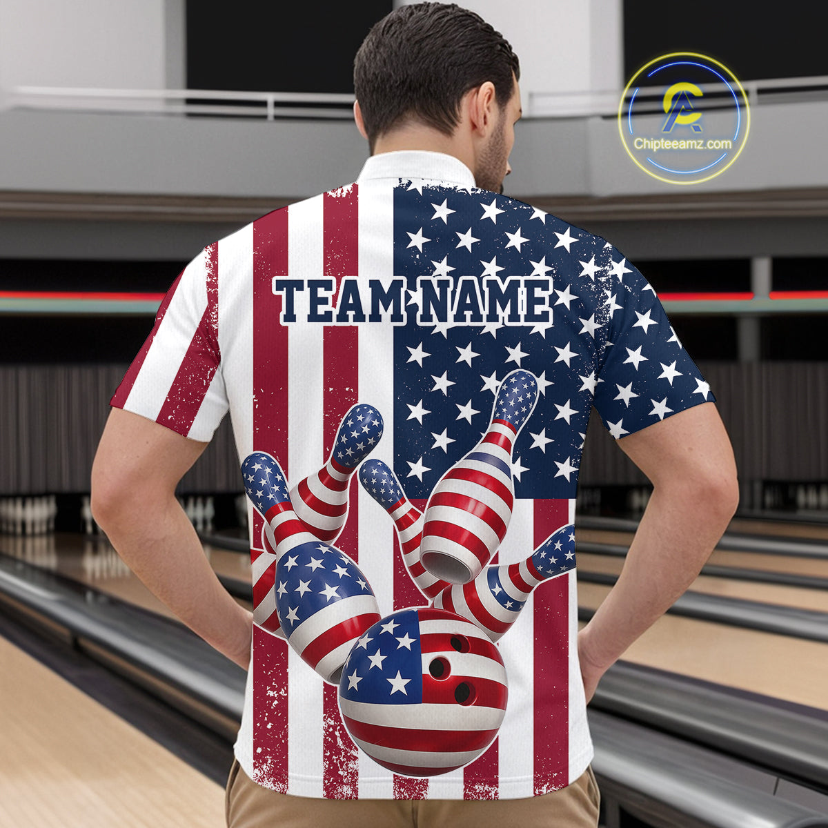 Custom US Flag Bowling Quarter-Zip Shirts For Men, Patriotic Bowling League Shirt Bowling Jersey IPHW9714