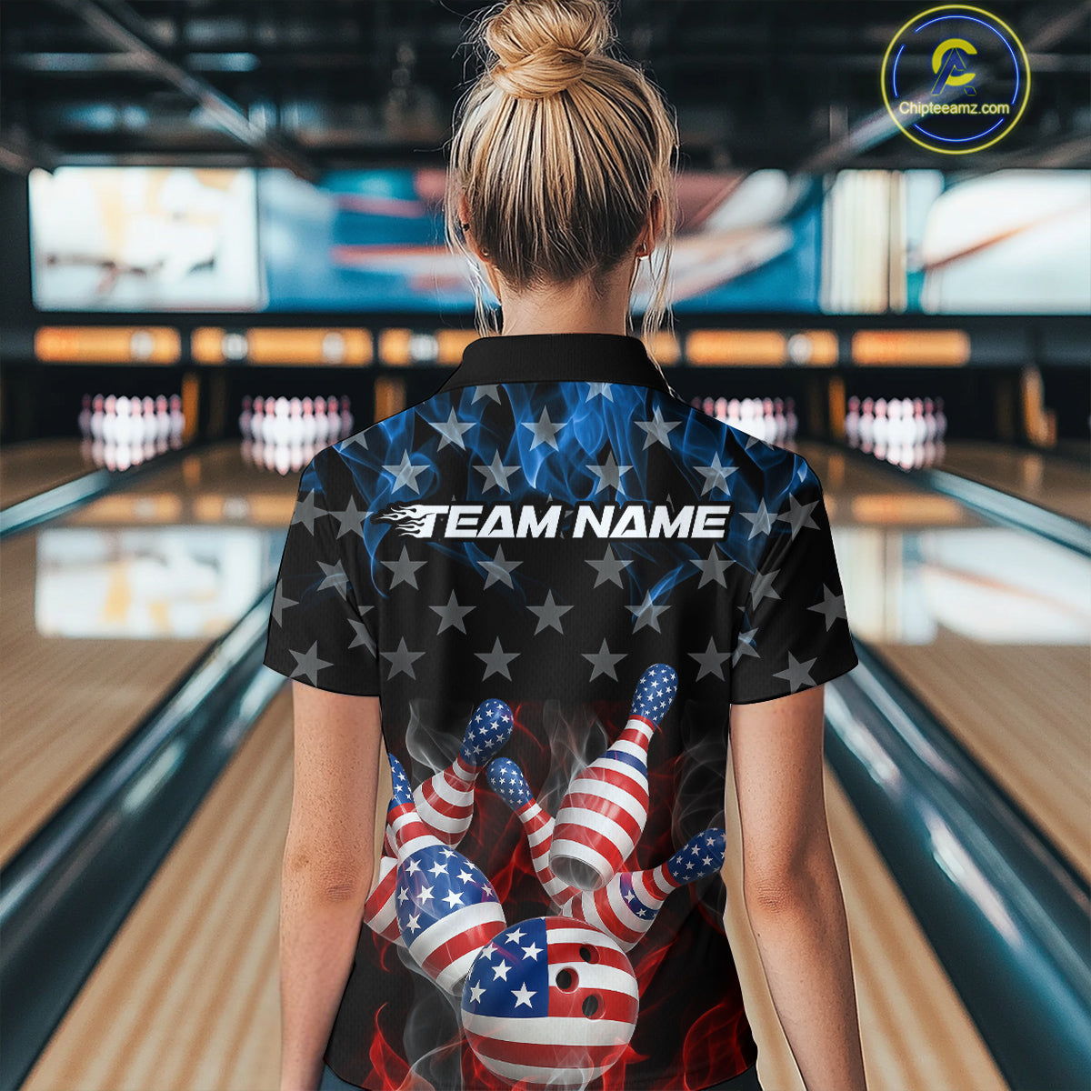 Custom Red And Blue Flame American Flag Patriotic Bowling Women Polo Shirts, Team Uniform IPHW9716