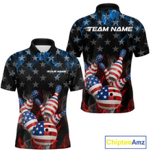 Load image into Gallery viewer, Custom Red And Blue Flame American Flag Patriotic Bowling Men Polo Shirts, Team Uniform IPHW9716