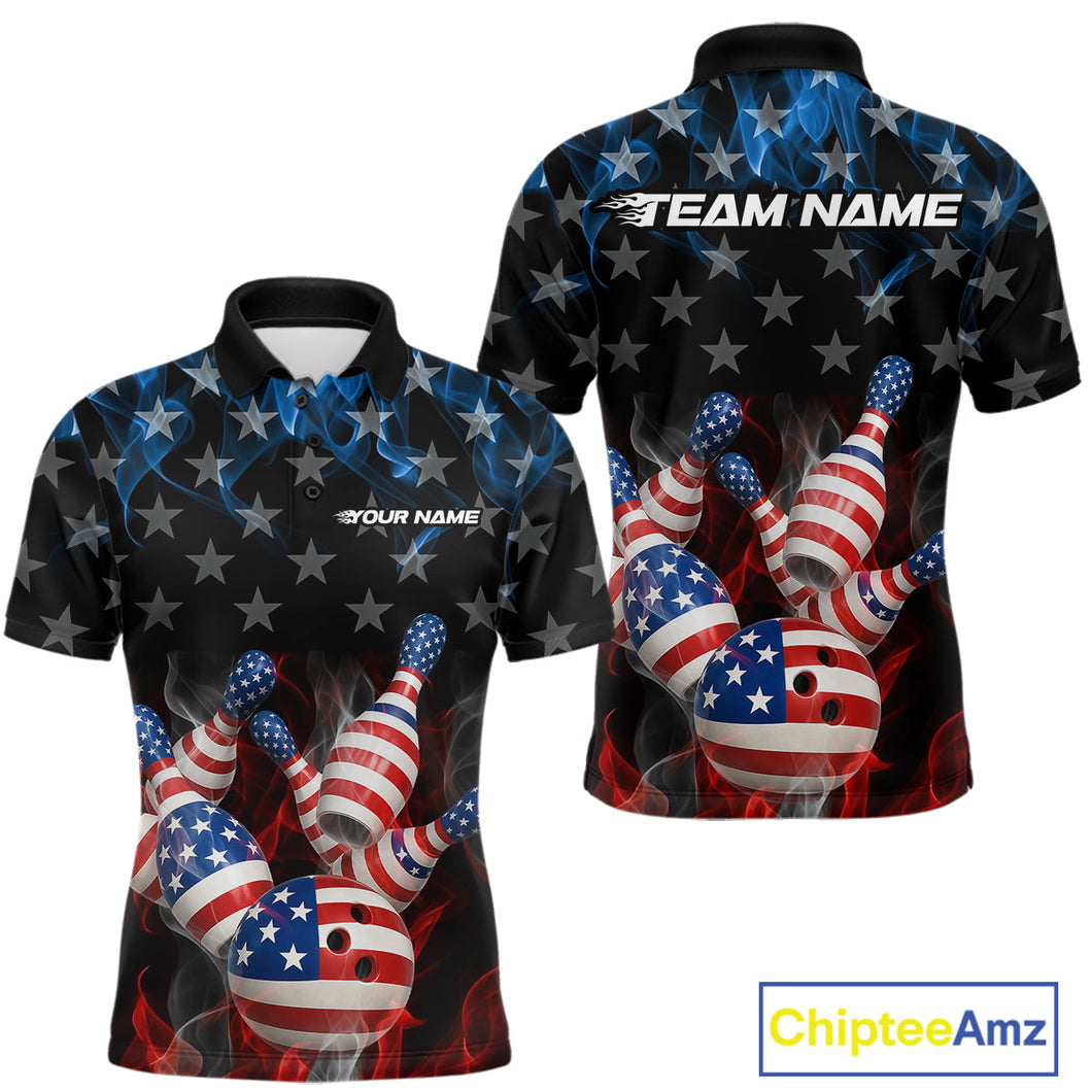 Custom Red And Blue Flame American Flag Patriotic Bowling Men Polo Shirts, Team Uniform IPHW9716