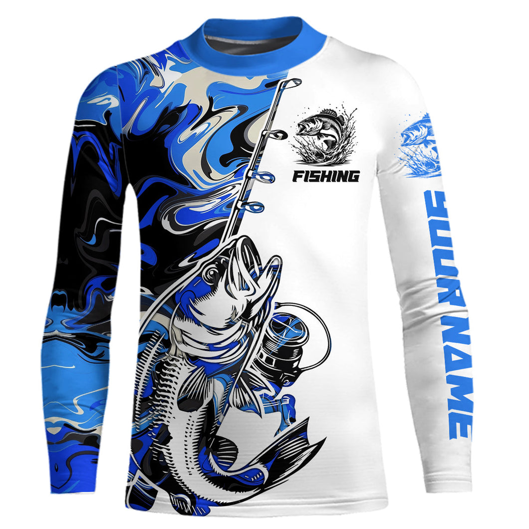 Personalized Largemouth Bass Fishing Blue Camo Kid Long Sleeve Fishing Shirts IPHW9126
