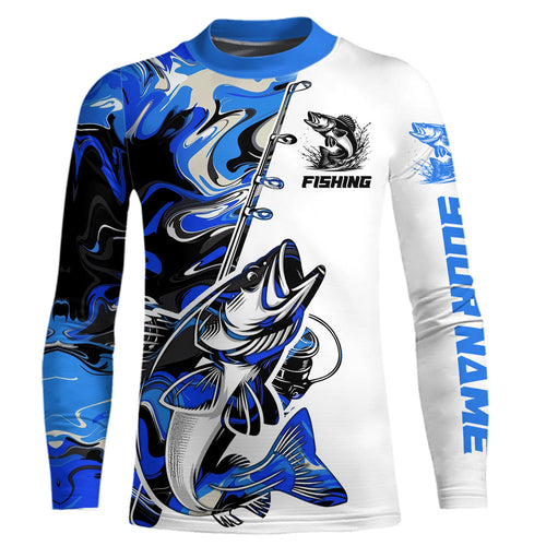 Personalized Walleye Fishing Blue Camo Kid Long Sleeve Fishing Shirts IPHW9127
