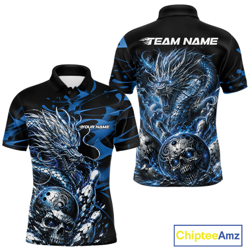 Personalised black and blue flaming dragon bowling shirt featuring a skull bowling ball and flying pins artwork