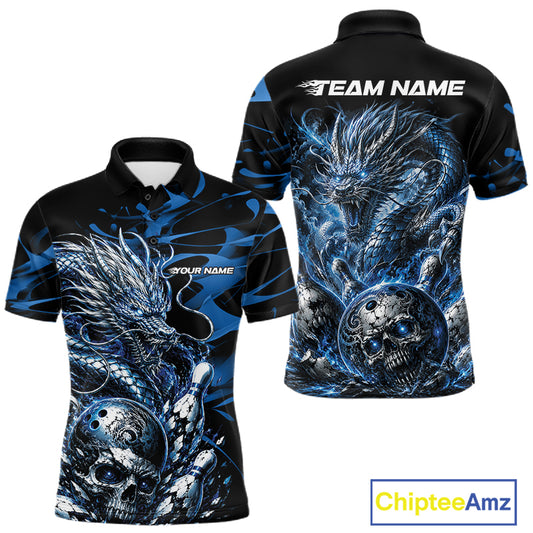 Personalised black and blue flaming dragon bowling shirt featuring a skull bowling ball and flying pins artwork