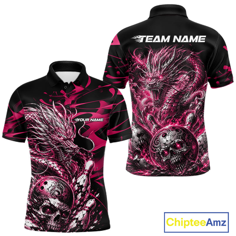 Personalised black and pink flaming dragon bowling shirt featuring a skull bowling ball and flying pins artwork