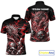 Load image into Gallery viewer, Personalised black and red flaming dragon bowling shirt featuring a skull bowling ball and flying pins artwork