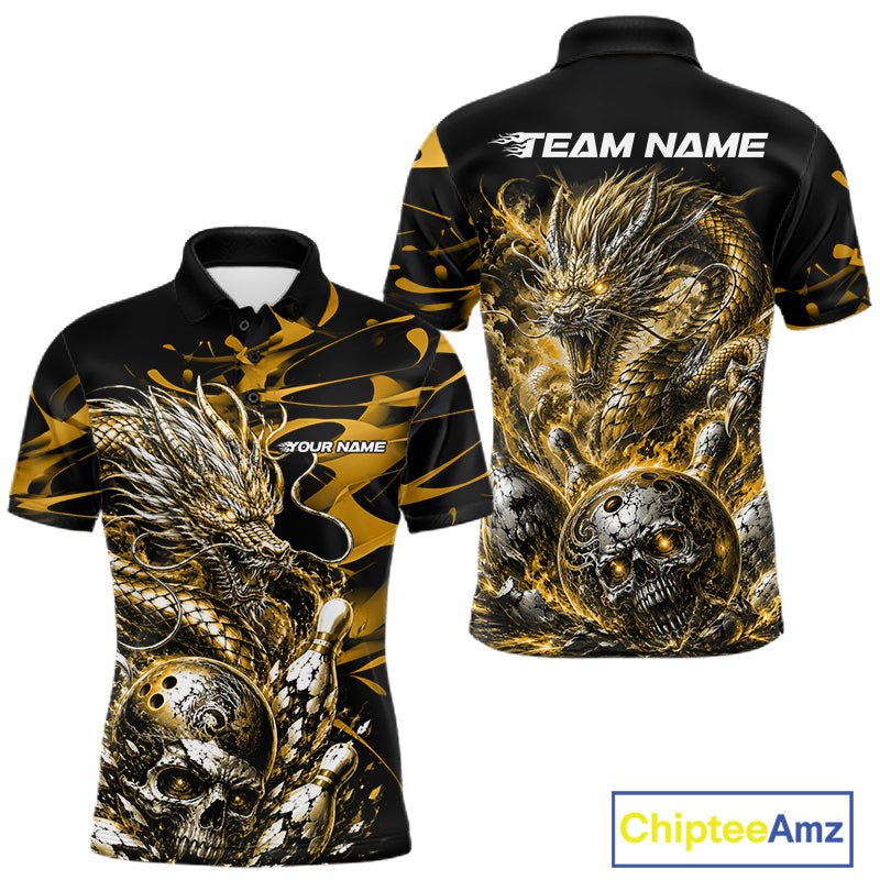 Personalised black and yellow flaming dragon bowling shirt featuring a skull bowling ball and flying pins artwork