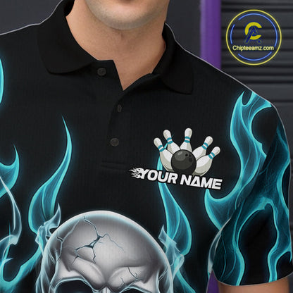 Custom Blue Fire Flame Skull Bowling Polo Shirts For Men, Halloween Bowling Team Outfit IPHW9491
