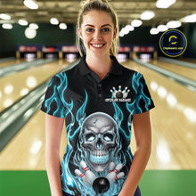 Load image into Gallery viewer, Custom Blue Fire Flame Skull Bowling Polo Shirts For Women, Halloween Bowling Team Outfit IPHW9491