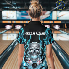 Load image into Gallery viewer, Custom Blue Fire Flame Skull Bowling Polo Shirts For Women, Halloween Bowling Team Outfit IPHW9491