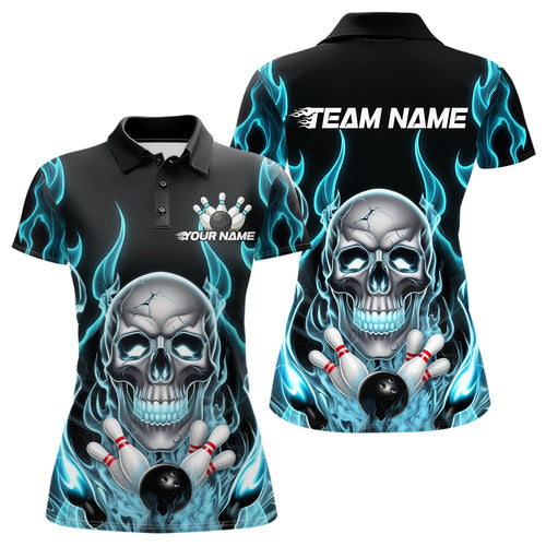 Custom Blue Fire Flame Skull Bowling Polo Shirts For Women, Halloween Bowling Team Outfit IPHW9491