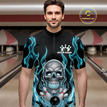 Load image into Gallery viewer, Custom Blue Fire Flame Skull Bowling Quarter-Zip Shirts For Men, Halloween Bowling Team Outfit IPHW9491